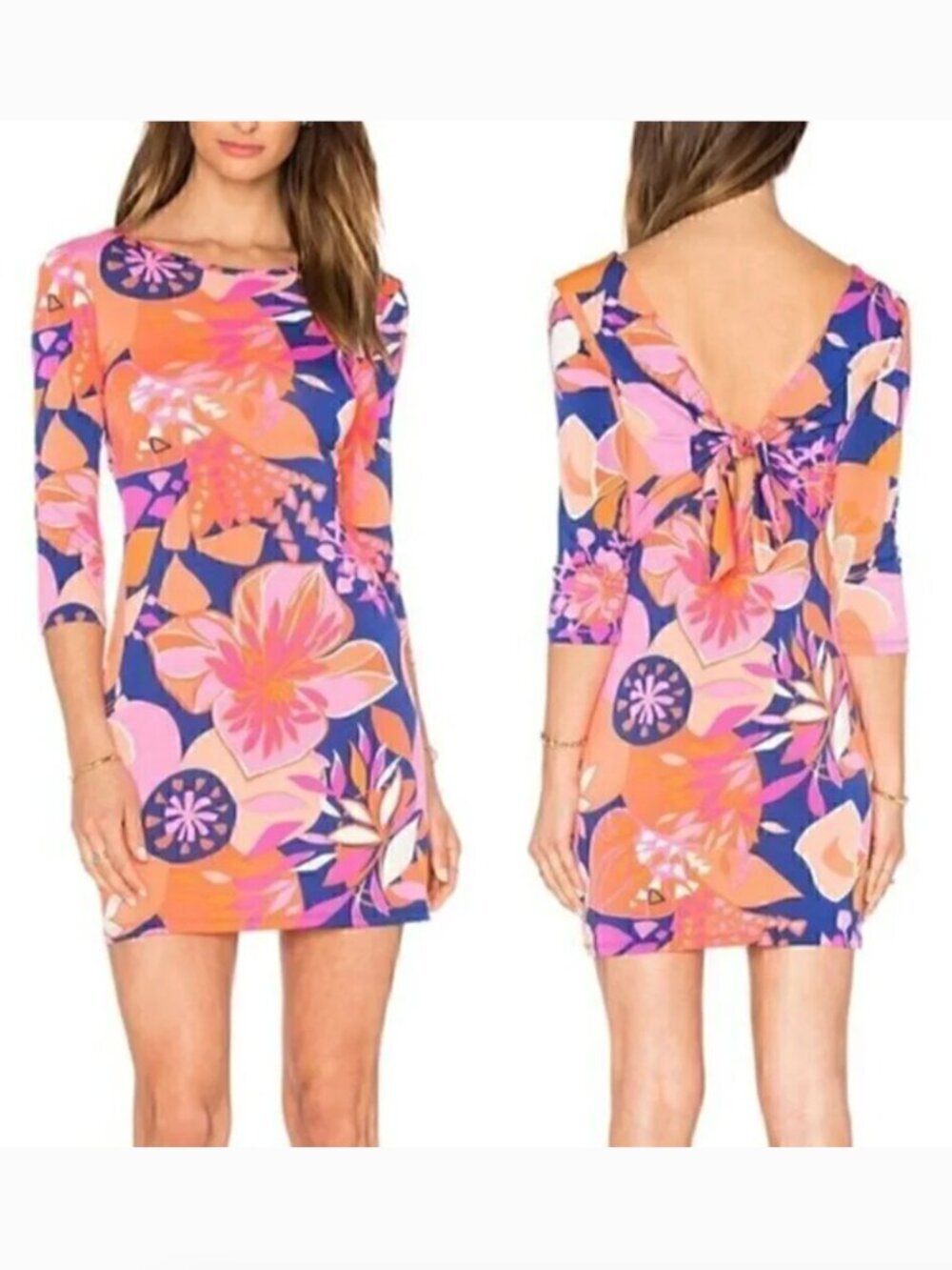 TRINA TRINA TURK Ocean Floral Matte Jersey Tie Back Dress Orange Pink Mini Party